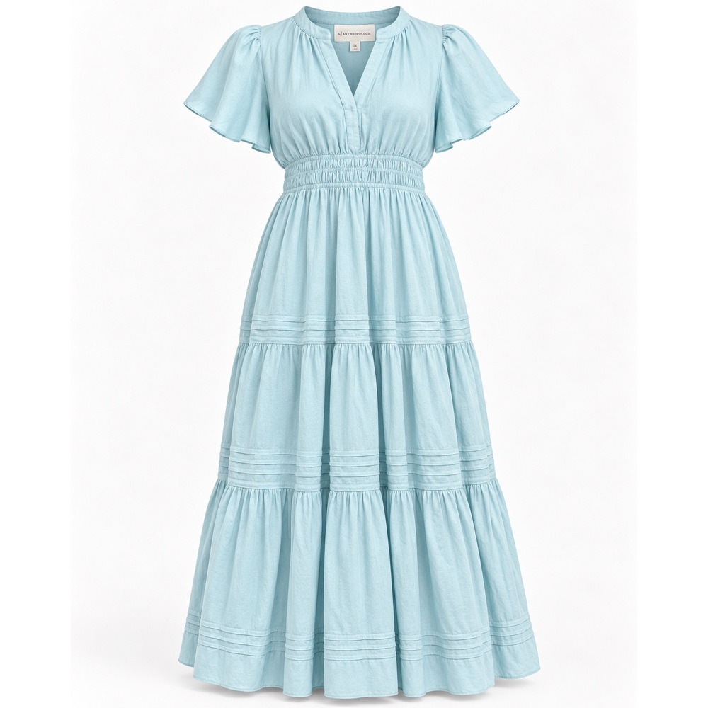 Anthropologie Plus Tiered Maxi Dress 1X Sky Ciel Blue Smocked Waist Linen Blend